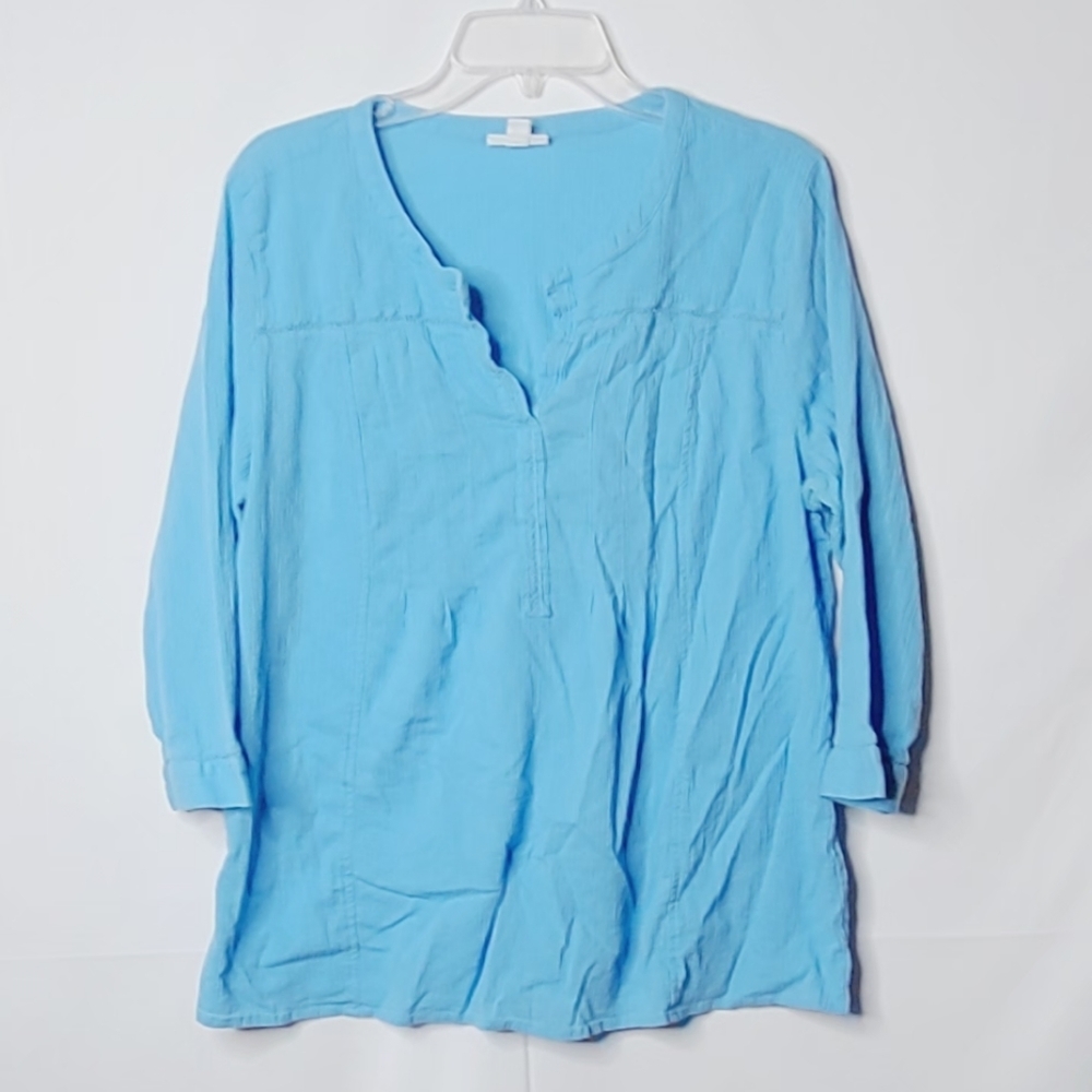 J. Jill vneck lace trim long sleeve blue tunic blouse sz Large